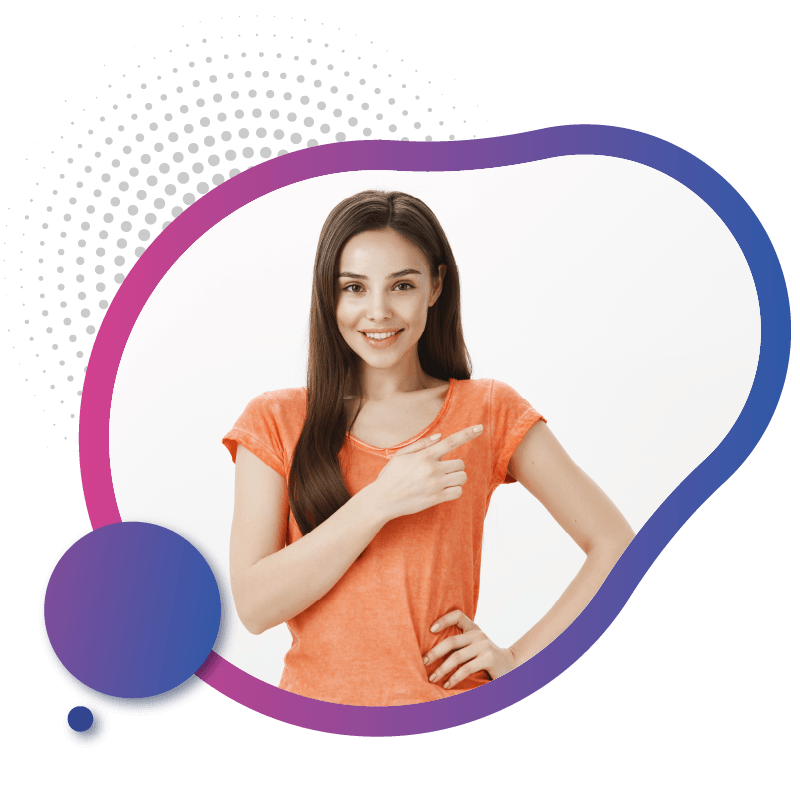 A young woman in an orange t-shirt confidently points to her right, symbolizing the empowerment and digital access provided by eSIM technology in Australia.