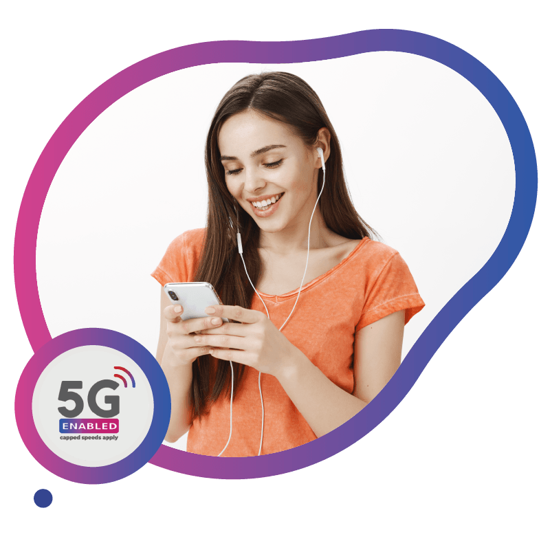 A young woman in an orange shirt listens to music on her phone with white earphones, while a 5G-enabled logo appears in the corner, representing your eSIM solution in Australia